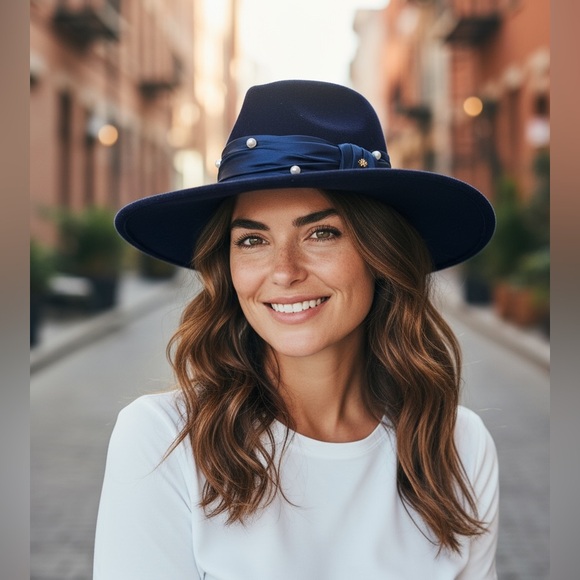 NWT Lele Sadoughi Wool Pearl Detail Navy Rancher Hat - Picture 1 of 13